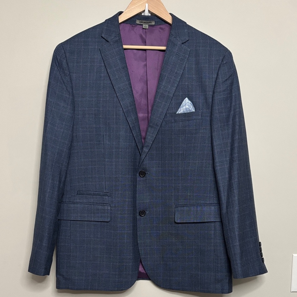 Men's Blue Plaid Blazer Johnston and Murphy L Large Silk and Wool